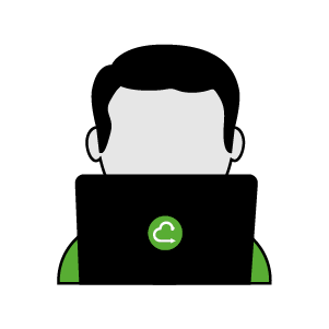 Ilustración de una persona detrás de una computadora portátil con un logotipo verde, representando el inicio o introducción a un servicio en la nube.