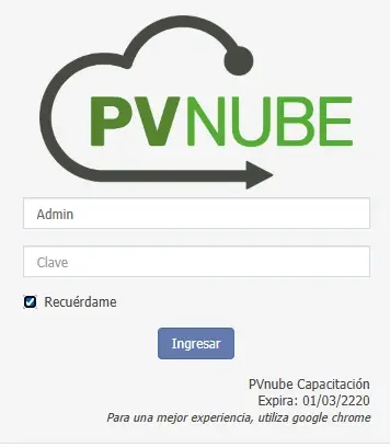 Captura de pantalla del inicio de sesión del CRM PVNube con campos de usuario y contraseña, y la casilla 'Recuérdame' seleccionada<ins class=
