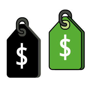 Ilustración de dos etiquetas de precio, una roja y una verde, colgadas con símbolos de dólar, representando la comparación de costos o planes.