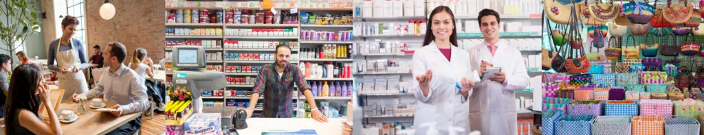 Collage de imágenes de diferentes puntos de venta, incluyendo un restaurante, una tienda de regalos, una farmacia y una tienda de abarrotes.