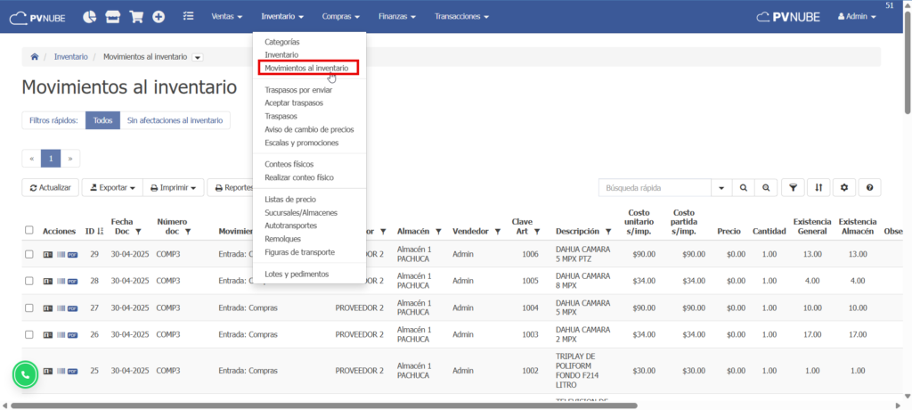 Pantallazo que muestra donde ingresar al módulo de movimientos al inventario
