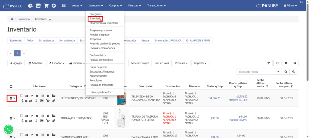 Pantallazo que muestra desde donde ingresar al kardex de un producto para ver sus movimientos al inventario.