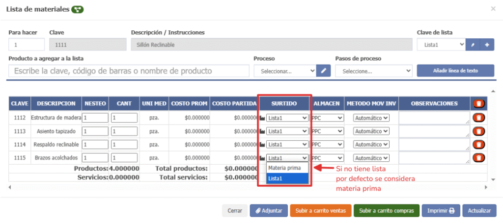lista de materiales