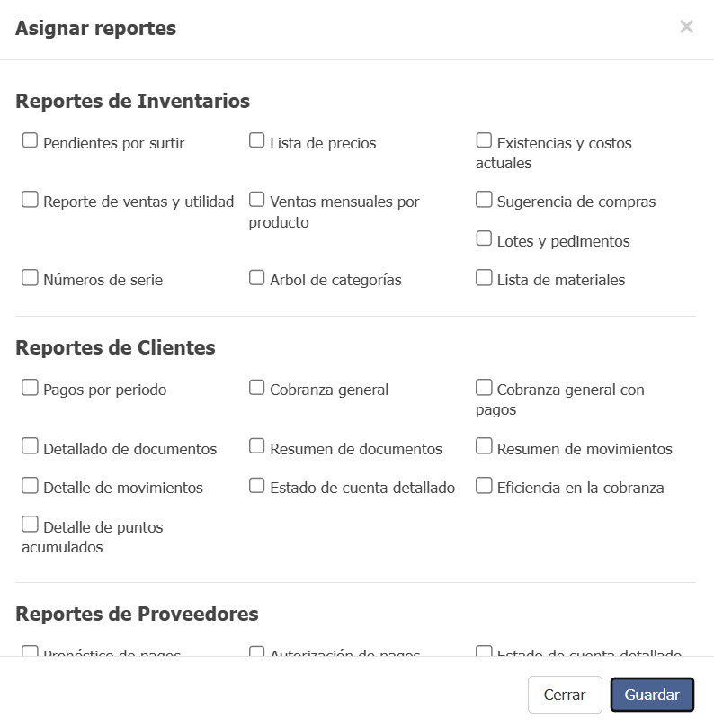 Pantalla para configurar los permisos de visualización de reportes.