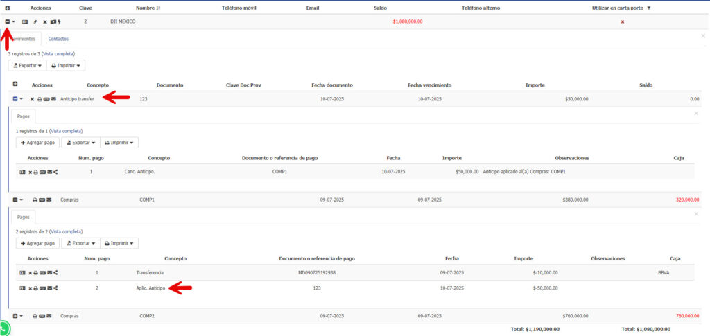 Verificando anticipo aplicado