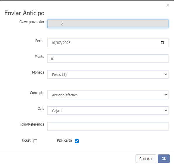 Datos de ingreso de anticipo