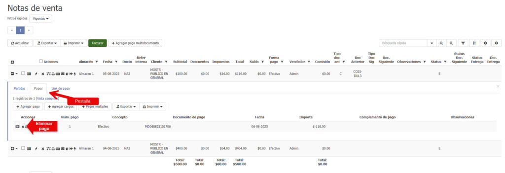 notas de venta cancelar pago