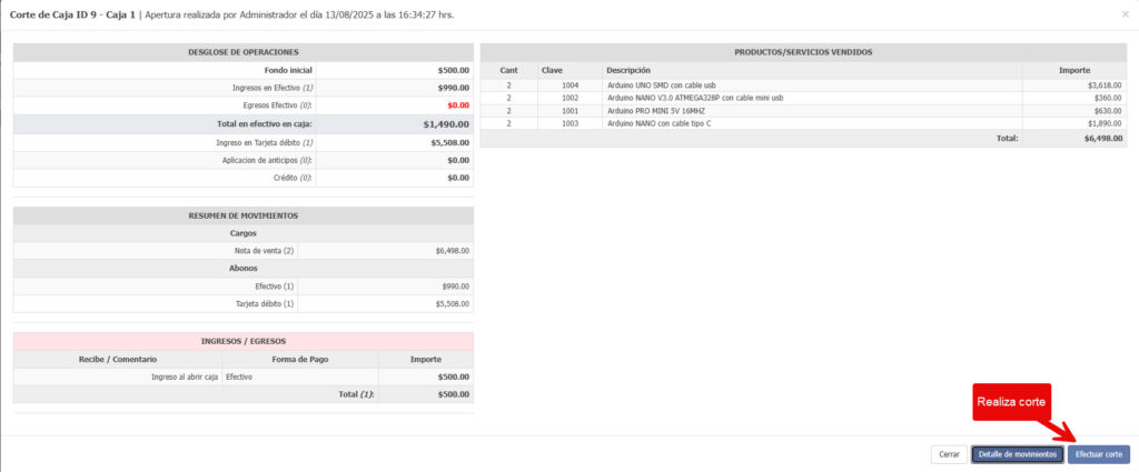 realiza corte de caja