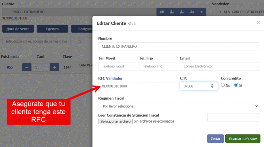 Imagen donde se muestra que para emitir un complemento de comercio exterior debe incluirse el RFC Genérico extranjero.