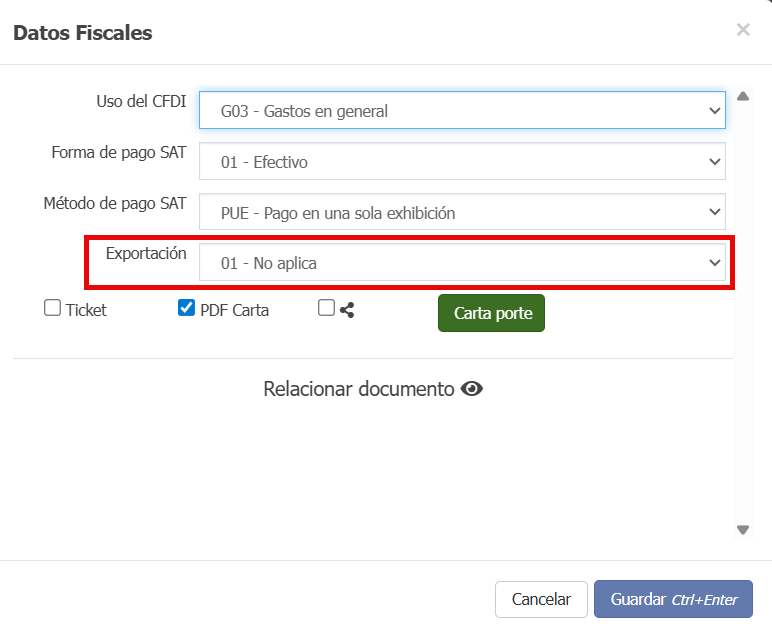 Imágen donde se muestra donde seleccionar el tipo de exportación al emitir una factura.