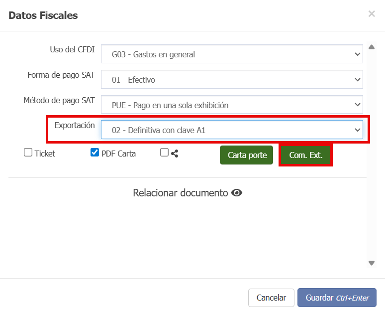 Imágen donde se muestra donde aparece el ícono para llenar el "comercio exterior" al seleccionar que la factura será con exportación Definitiva con clave A1