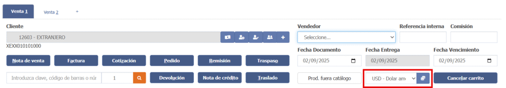 Imágen donde se muestra en carrito de ventas donde seleccionar moneda extranjera para emitir un CFDI.