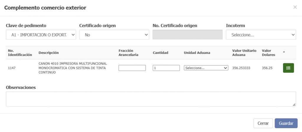 Imágen de la ventana donde se llena el complemento comercio exterior.