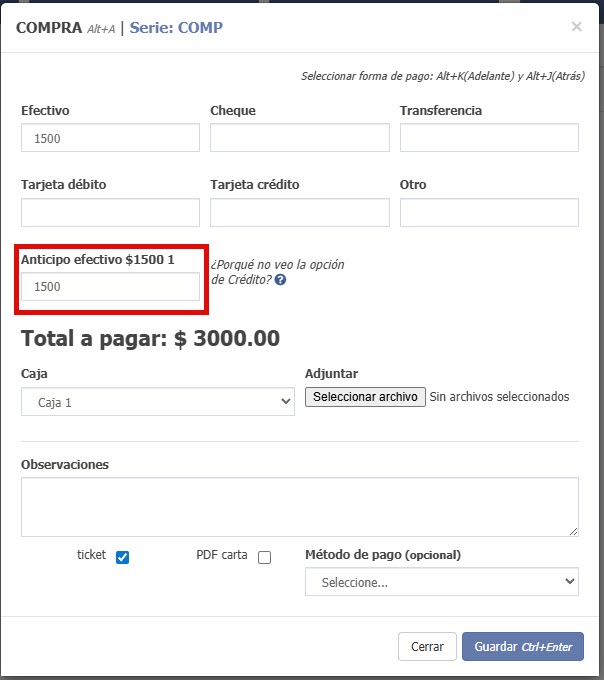 Anticipo carrito de ventas