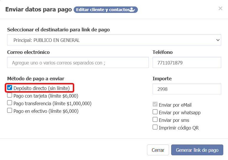 Imágen que muestra como enviar links de pago mediante depósitos directos a  tu cuenta bancaria.
