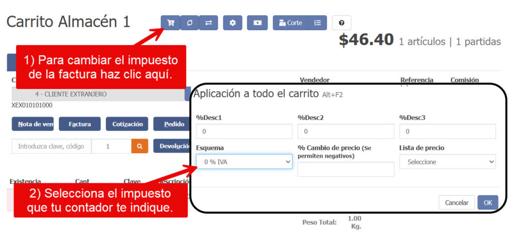 Imágen que muestra como cambiar el esquema de impuesto de un documento antes de emitirlo.