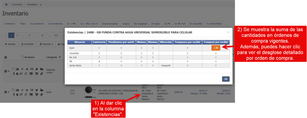 Pantalla que muestra donde se pueden ver los pendientes por surtir de una órden de compra.