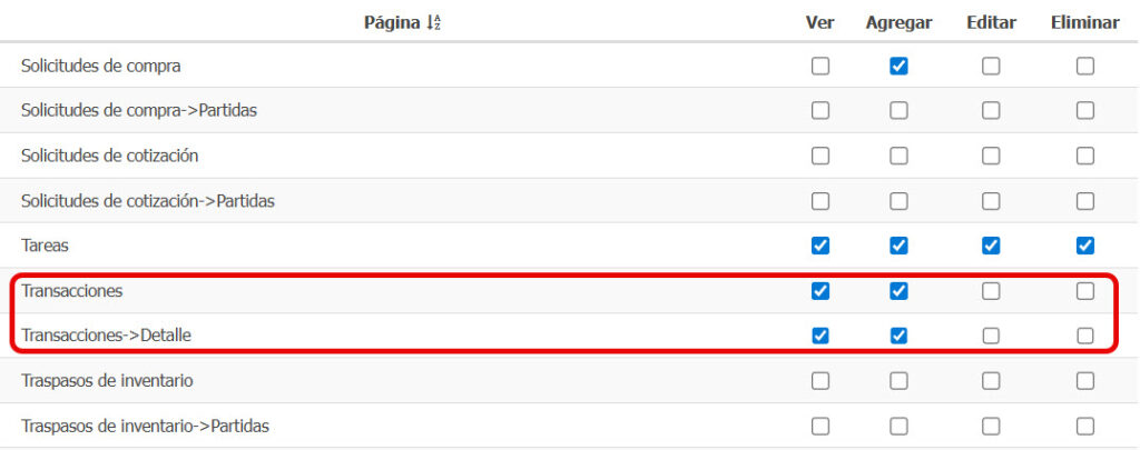Muestra los permisos para la página Transacciones y Transacciones Detalle dentro de Usuarios y Permisos.