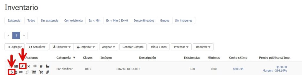 Inventario cambio de precio