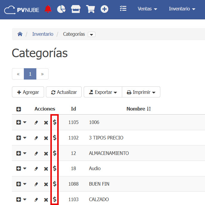 Imagen que muestra el icono para activar el cálculo automático de precios por categoría.