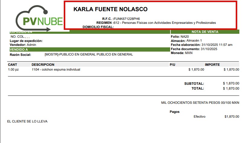 Ejemplo de documento fiscal con encabezado