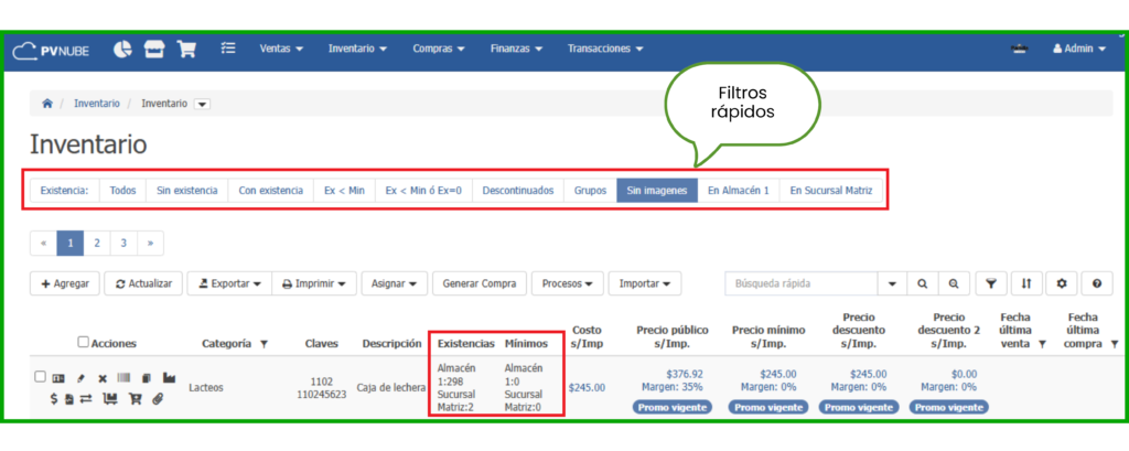 Visualización del inventario por sucursal