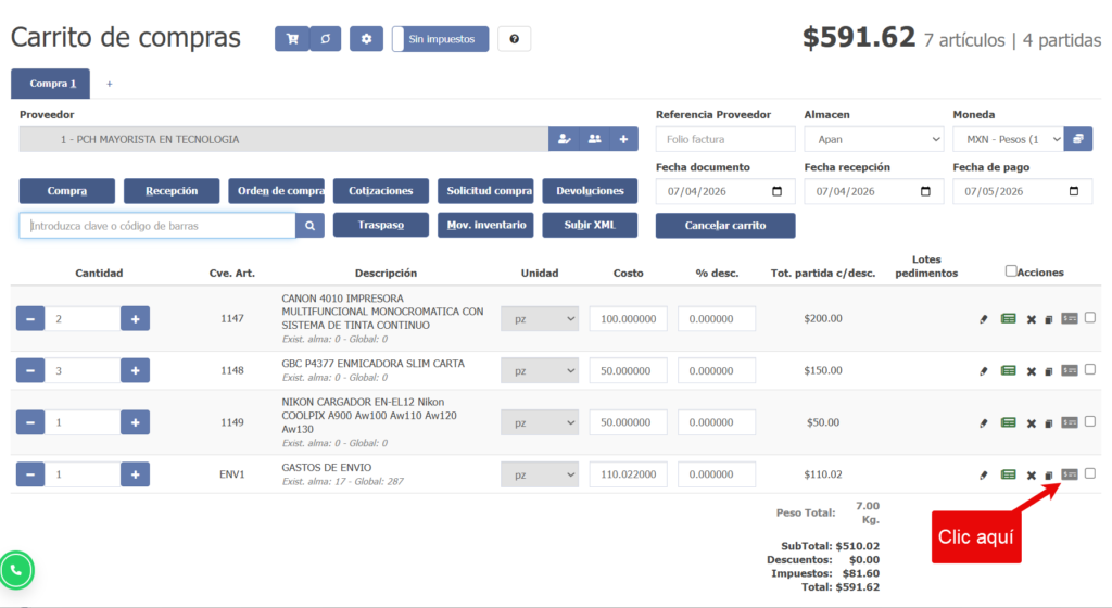 pantalla que muestra donde dar clic para convertir una partida en gasto indirecto