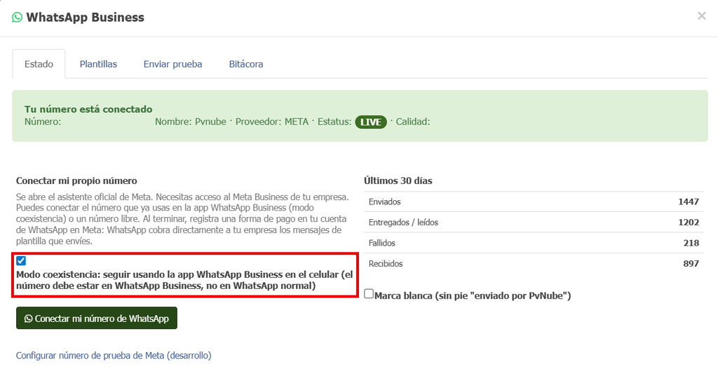 conectar WhatsApp Business en Pvnube con modo coexistencia
