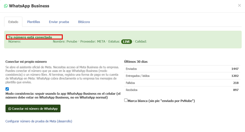 WhatsApp para empresas vinculado a Pvnube con estatus LIVE