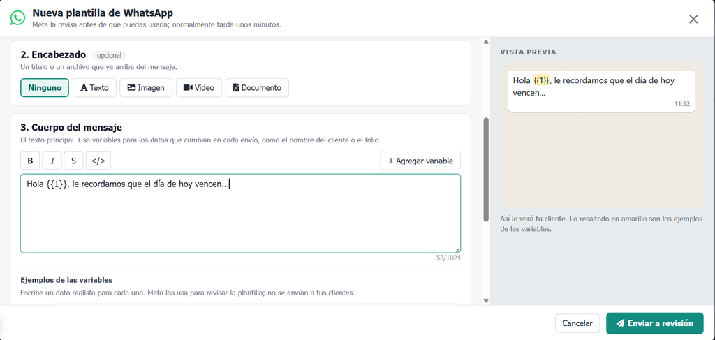 crear plantillas de WhatsApp en Pvnube con vista previa