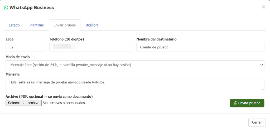 Enviar una prueba de WhatsApp desde Pvnube